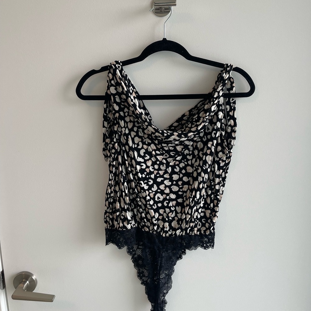 Free People Black and White Leopard Print Bodysuit